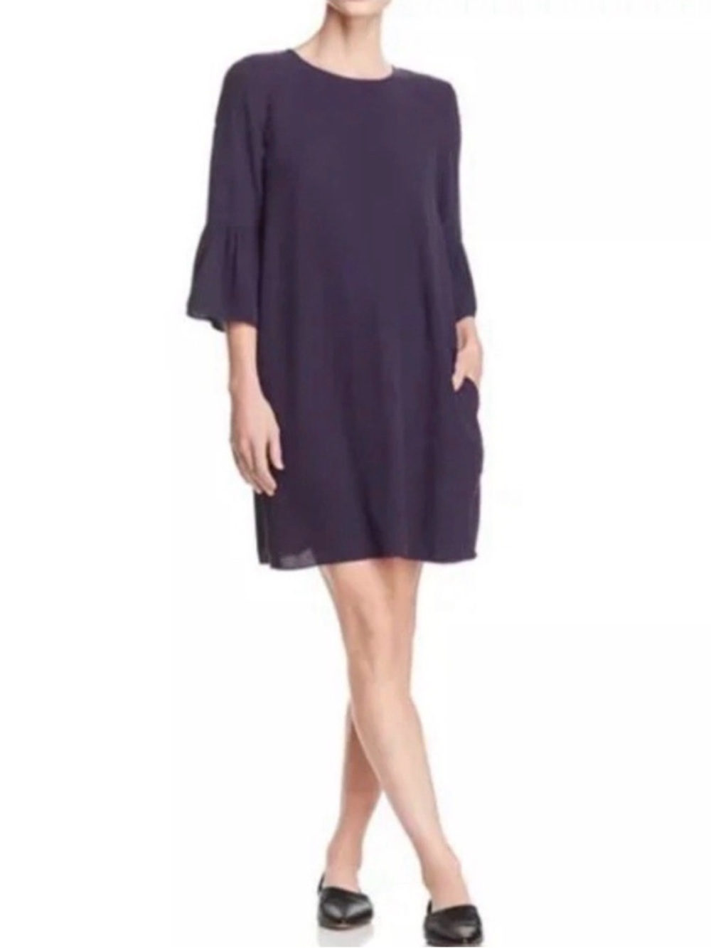 Eileen Fisher Silk Tunic Shift Dress w/ Bell Sleeves Navy Blue Silk/ Knee Length